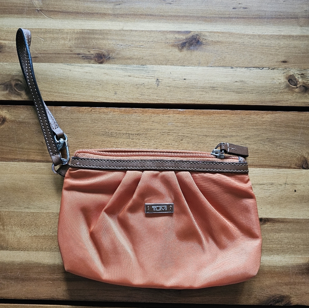 Tumi Nylon Orange with Brown Leather Trim Wristlet
